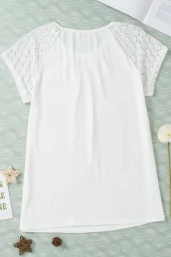 Best Dear-Lover Contrast Lace Sleeve Keyhole Decor Top White