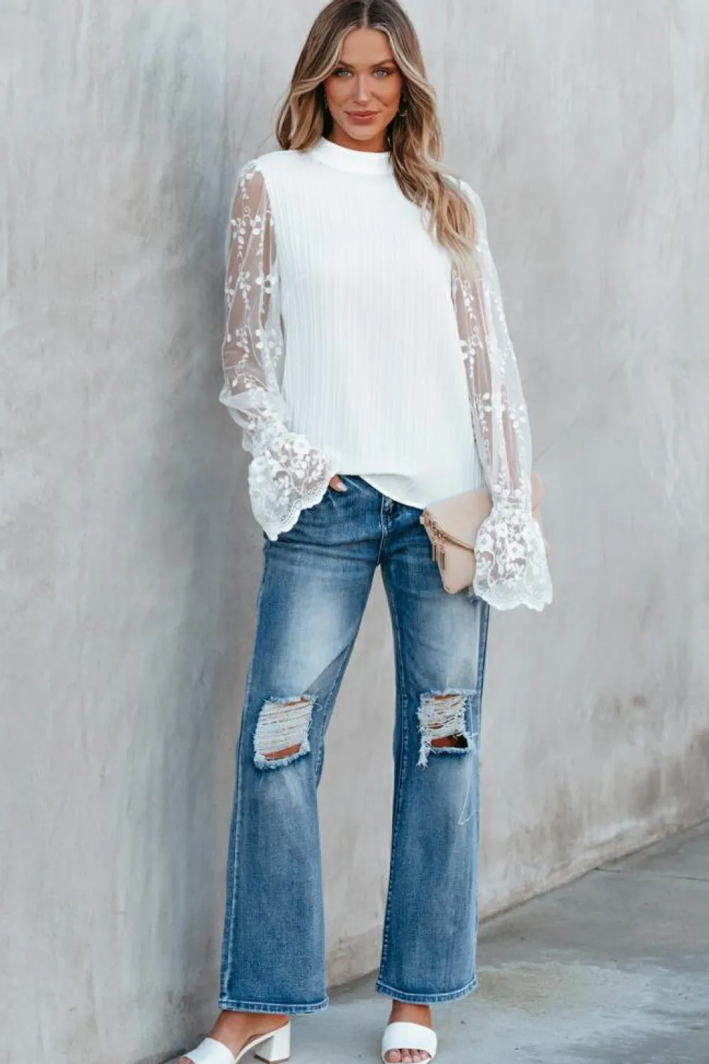Fashion Dear-Lover Contrast Lace Sleeve Mock Neck Textured Blouse White