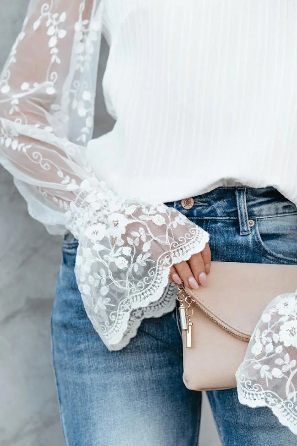 Fashion Dear-Lover Contrast Lace Sleeve Mock Neck Textured Blouse White