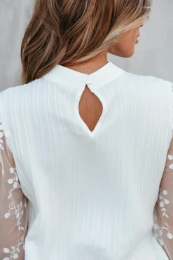 Fashion Dear-Lover Contrast Lace Sleeve Mock Neck Textured Blouse White