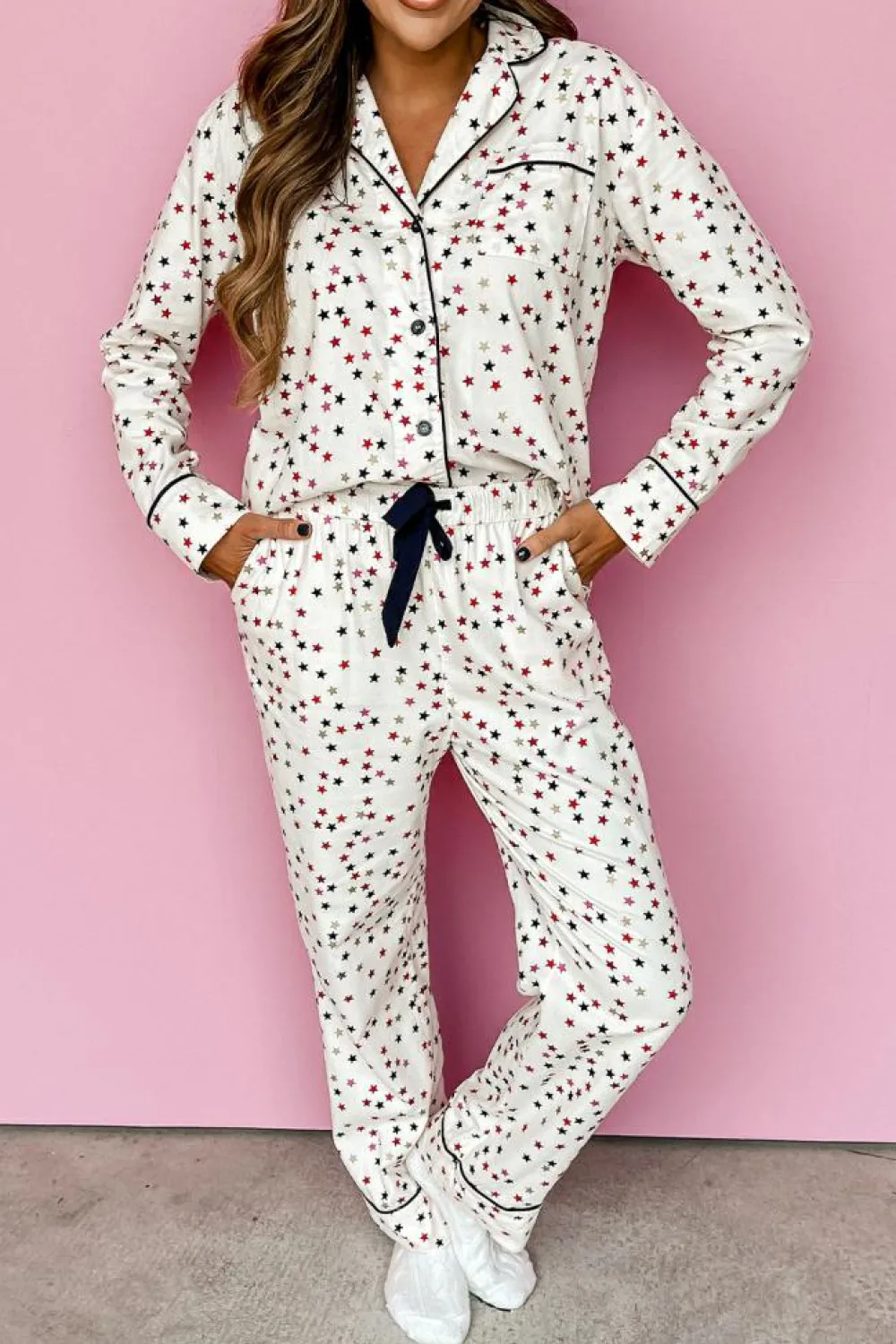 Outlet Dear-Lover Contrast Pipping Star Long Sleeve and Pants Pajamas Set White