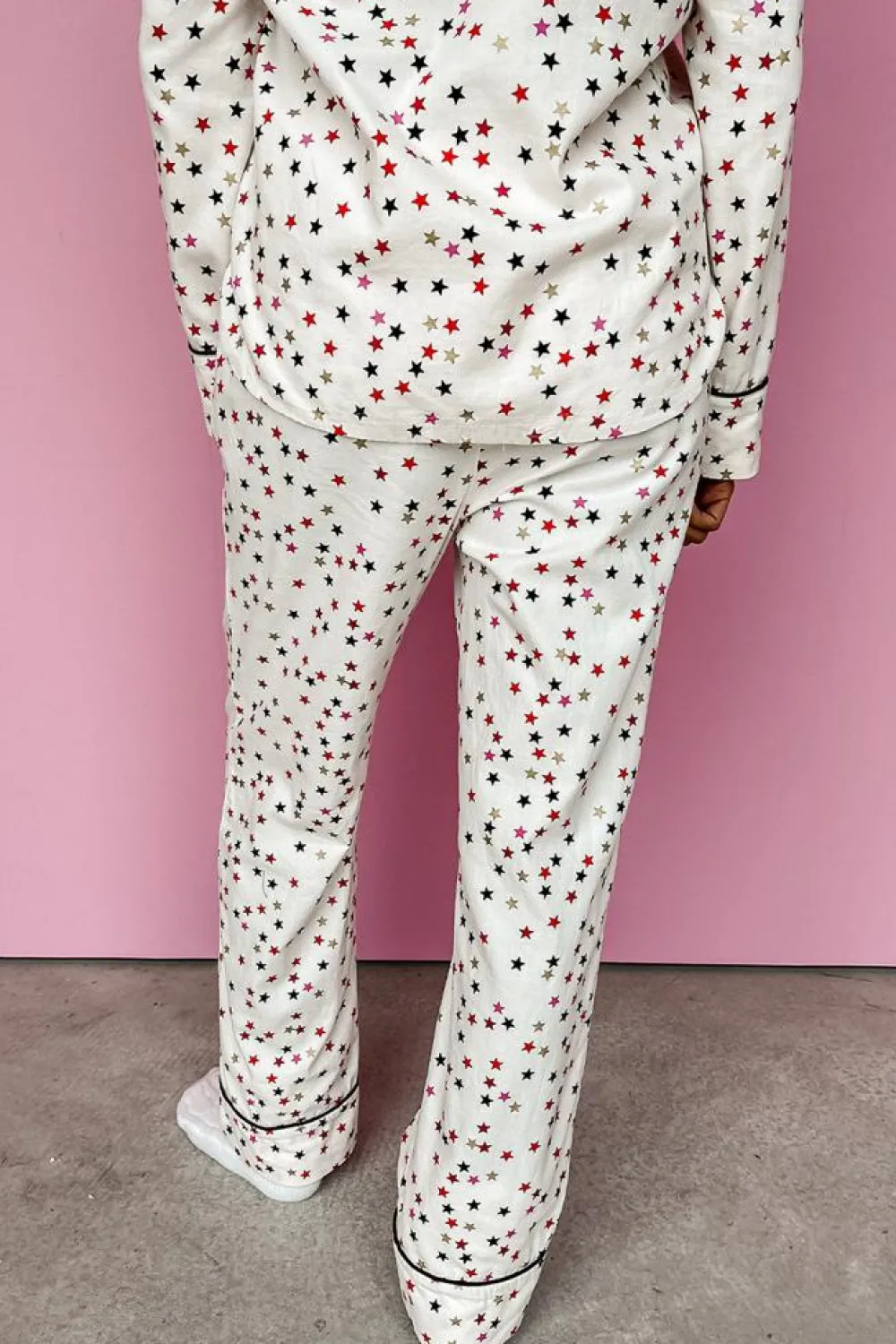 Outlet Dear-Lover Contrast Pipping Star Long Sleeve and Pants Pajamas Set White