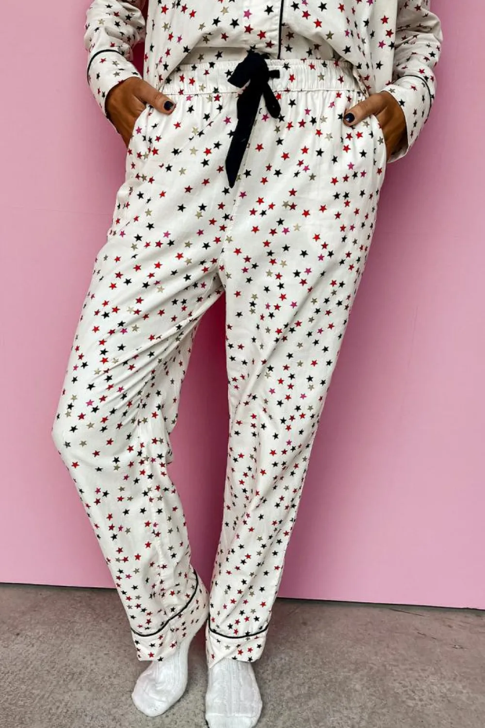 Outlet Dear-Lover Contrast Pipping Star Long Sleeve and Pants Pajamas Set White