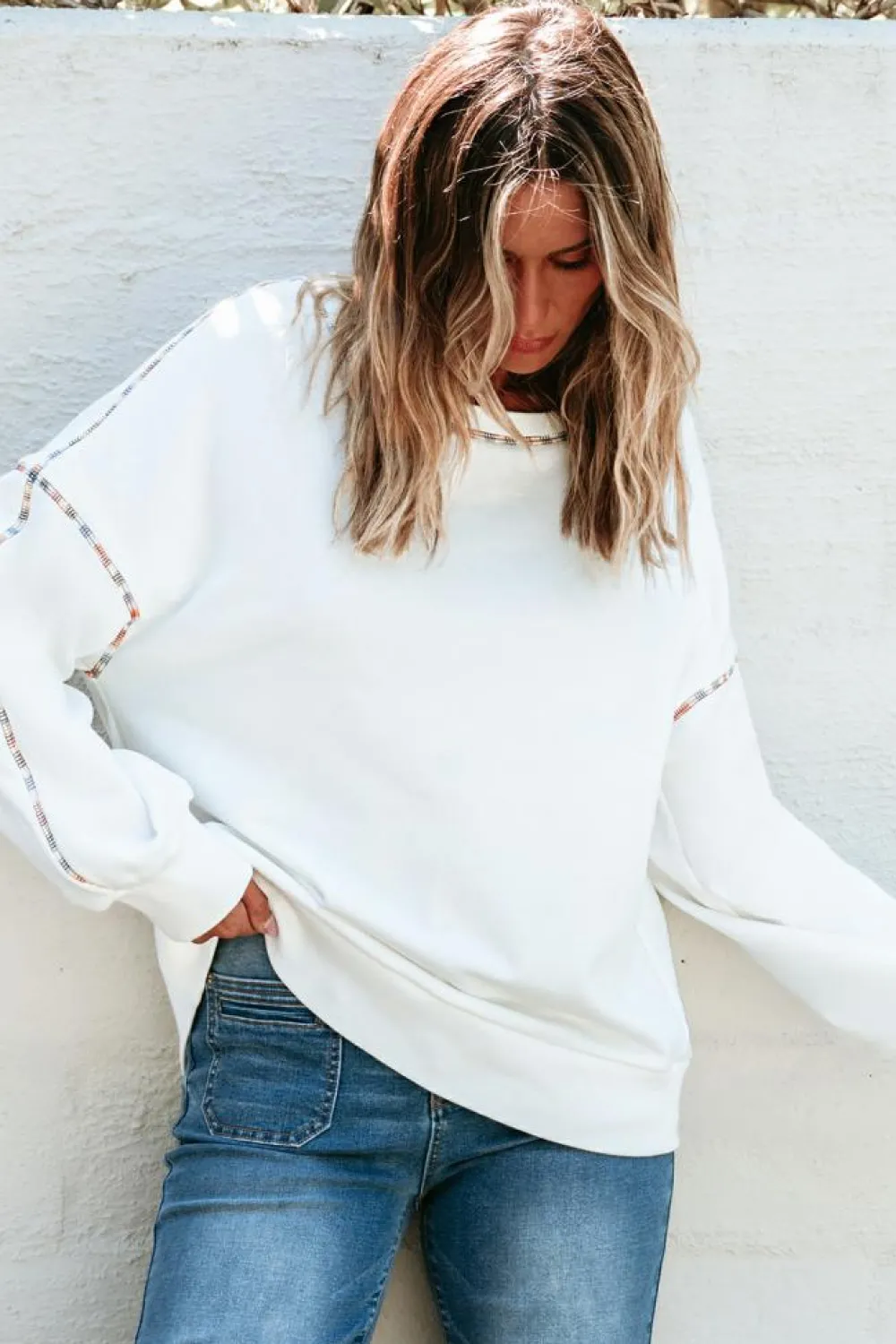 Outlet Dear-Lover Contrast Rainbow Trim Drop Shoulder Pullover Sweatshirt White