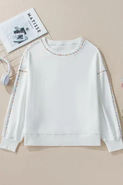 Outlet Dear-Lover Contrast Rainbow Trim Drop Shoulder Pullover Sweatshirt White
