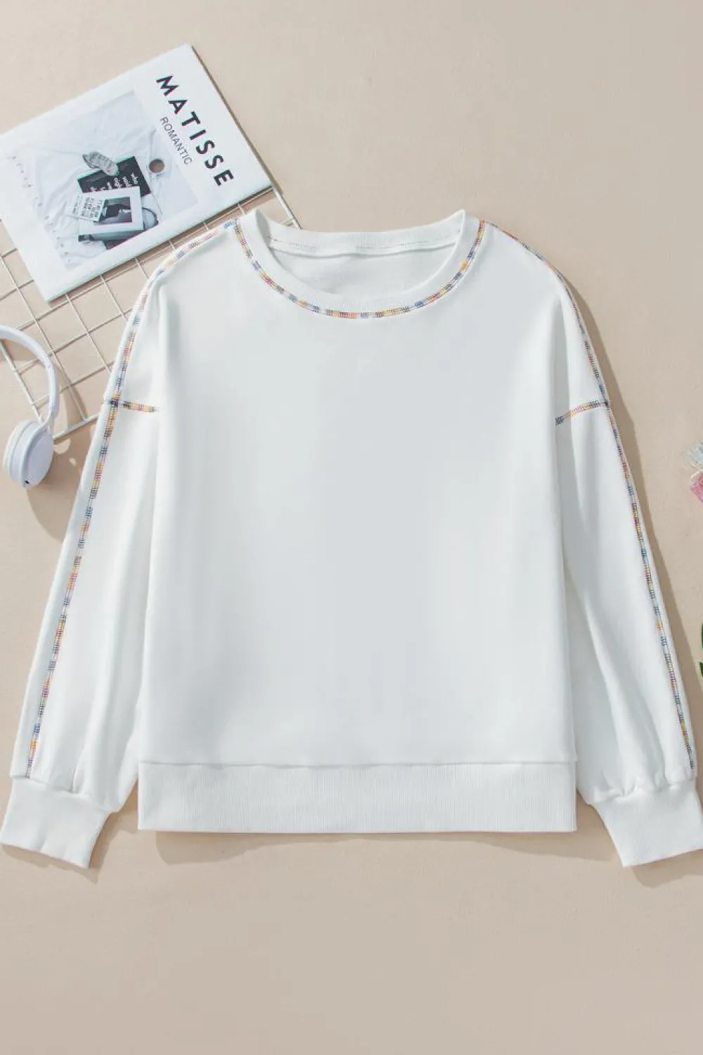Outlet Dear-Lover Contrast Rainbow Trim Drop Shoulder Pullover Sweatshirt White