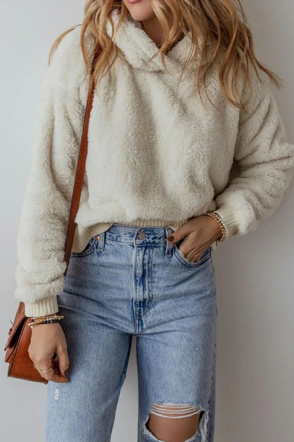 Discount Dear-Lover Contrast Ribbed Edge Plush Hoodie White