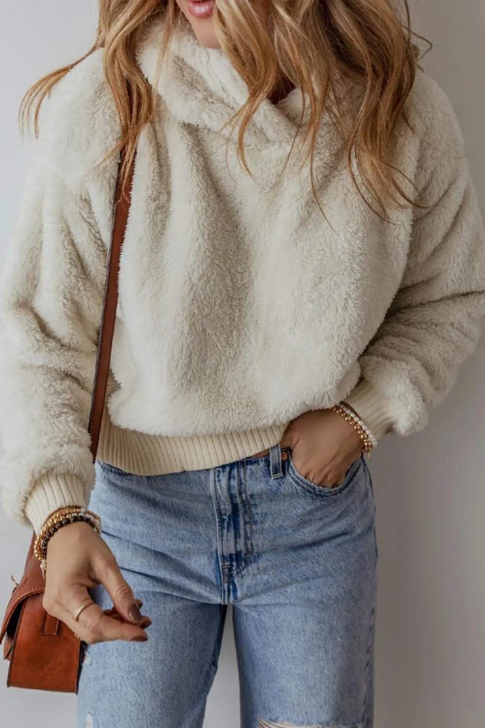 Discount Dear-Lover Contrast Ribbed Edge Plush Hoodie White