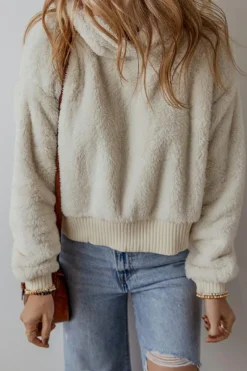 Discount Dear-Lover Contrast Ribbed Edge Plush Hoodie White
