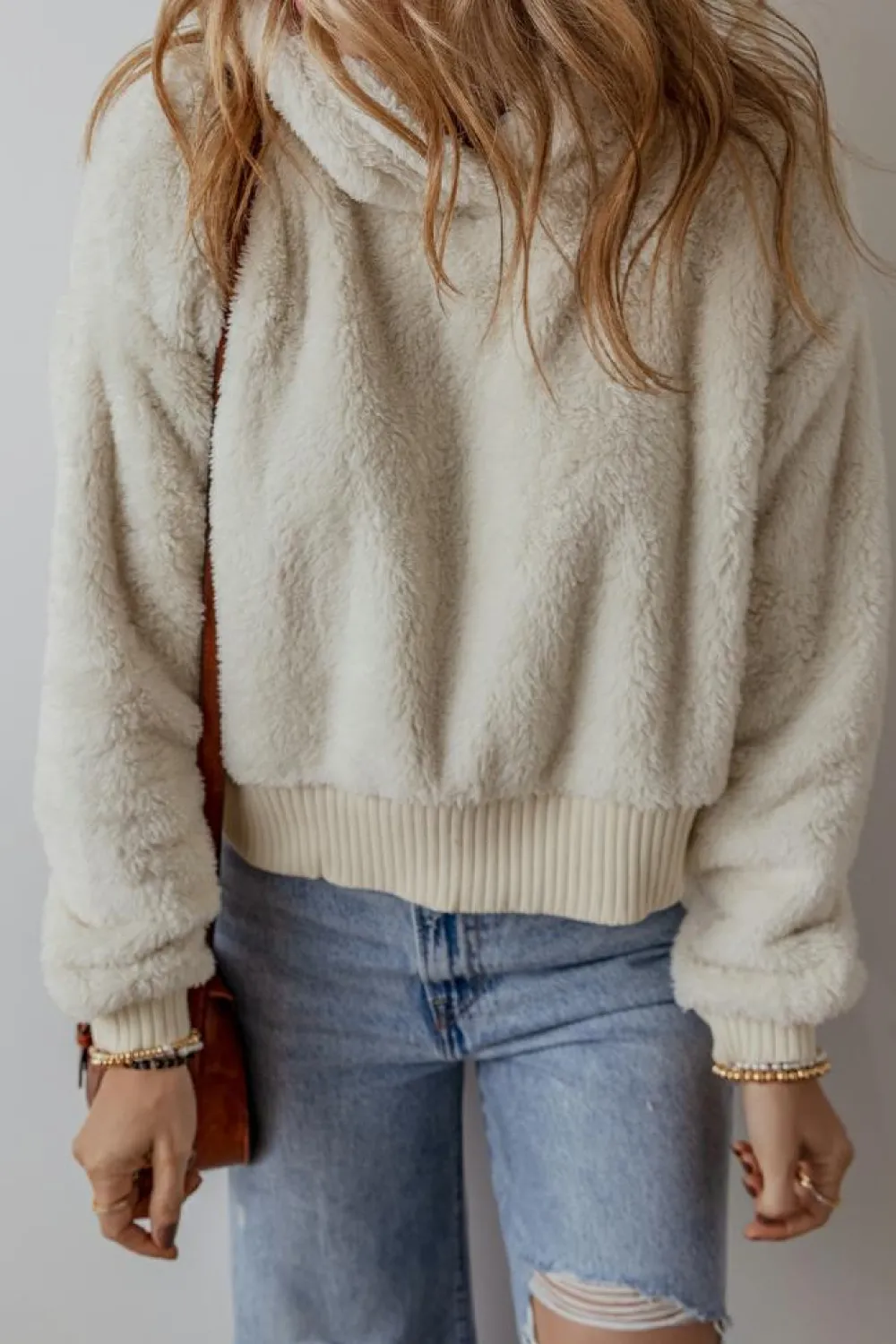 Discount Dear-Lover Contrast Ribbed Edge Plush Hoodie White