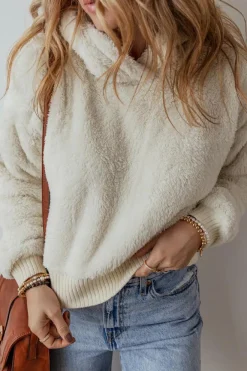 Discount Dear-Lover Contrast Ribbed Edge Plush Hoodie White