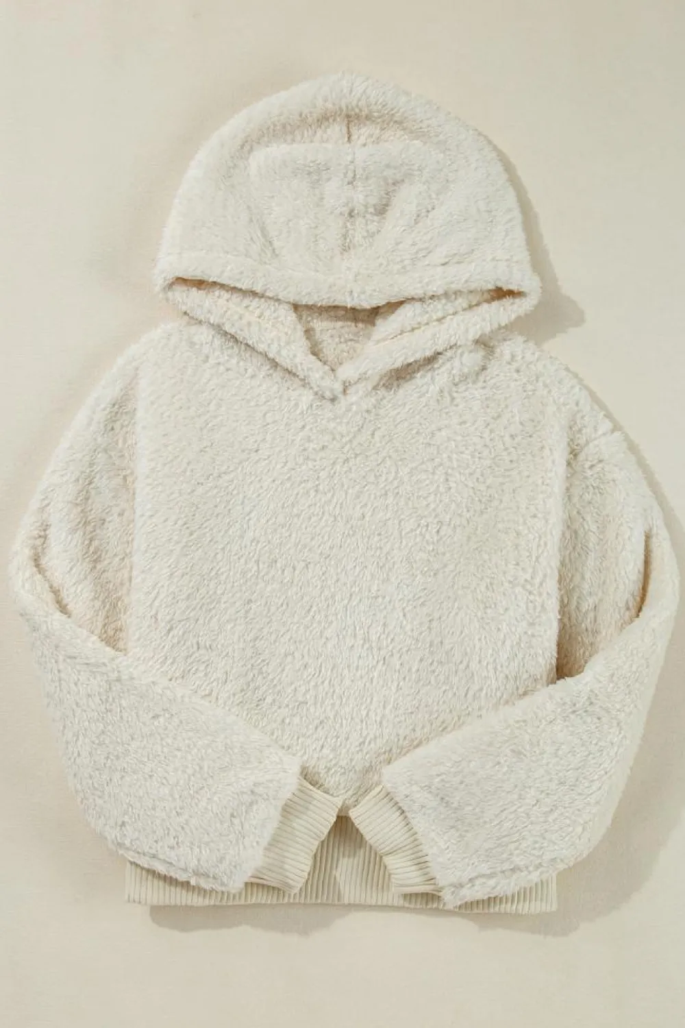 Discount Dear-Lover Contrast Ribbed Edge Plush Hoodie White