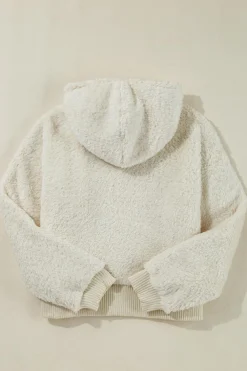 Discount Dear-Lover Contrast Ribbed Edge Plush Hoodie White