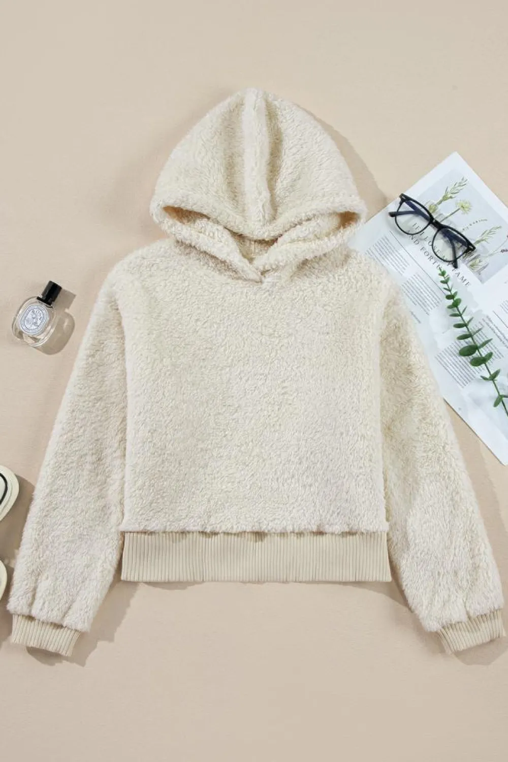 Discount Dear-Lover Contrast Ribbed Edge Plush Hoodie White
