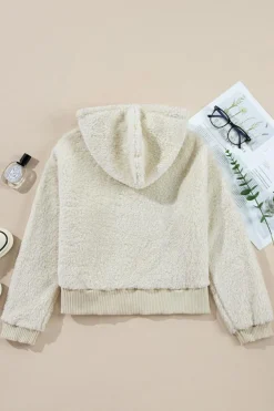Discount Dear-Lover Contrast Ribbed Edge Plush Hoodie White