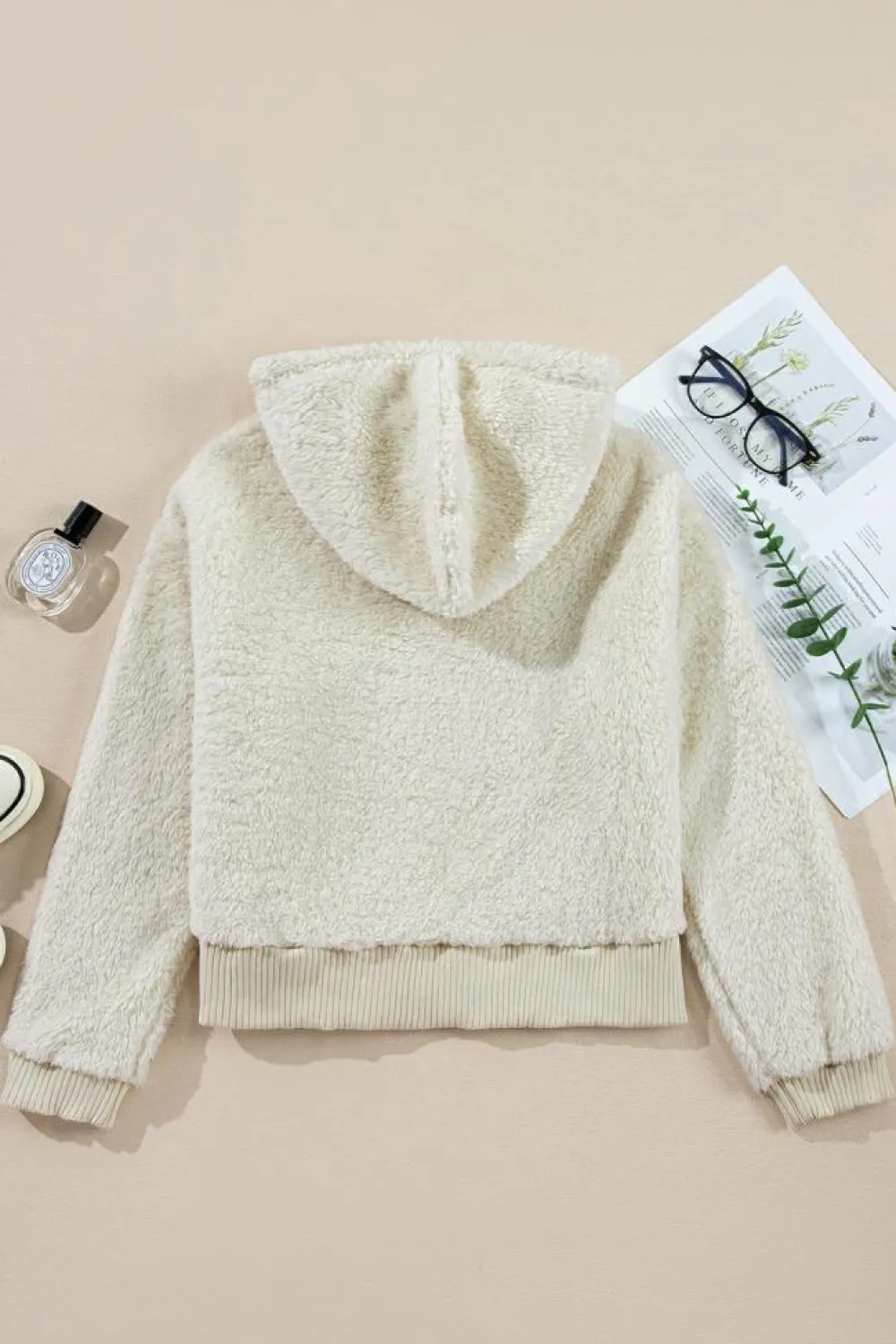 Discount Dear-Lover Contrast Ribbed Edge Plush Hoodie White