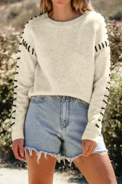 Clearance Dear-Lover Contrast Stitch Detail Ribbed Trim Sweater White