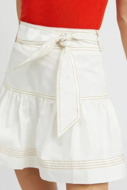 Discount Dear-Lover Contrast Stitching Trim Knotted High Waist A-Line Mini Skirt White