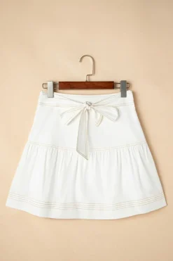 Discount Dear-Lover Contrast Stitching Trim Knotted High Waist A-Line Mini Skirt White
