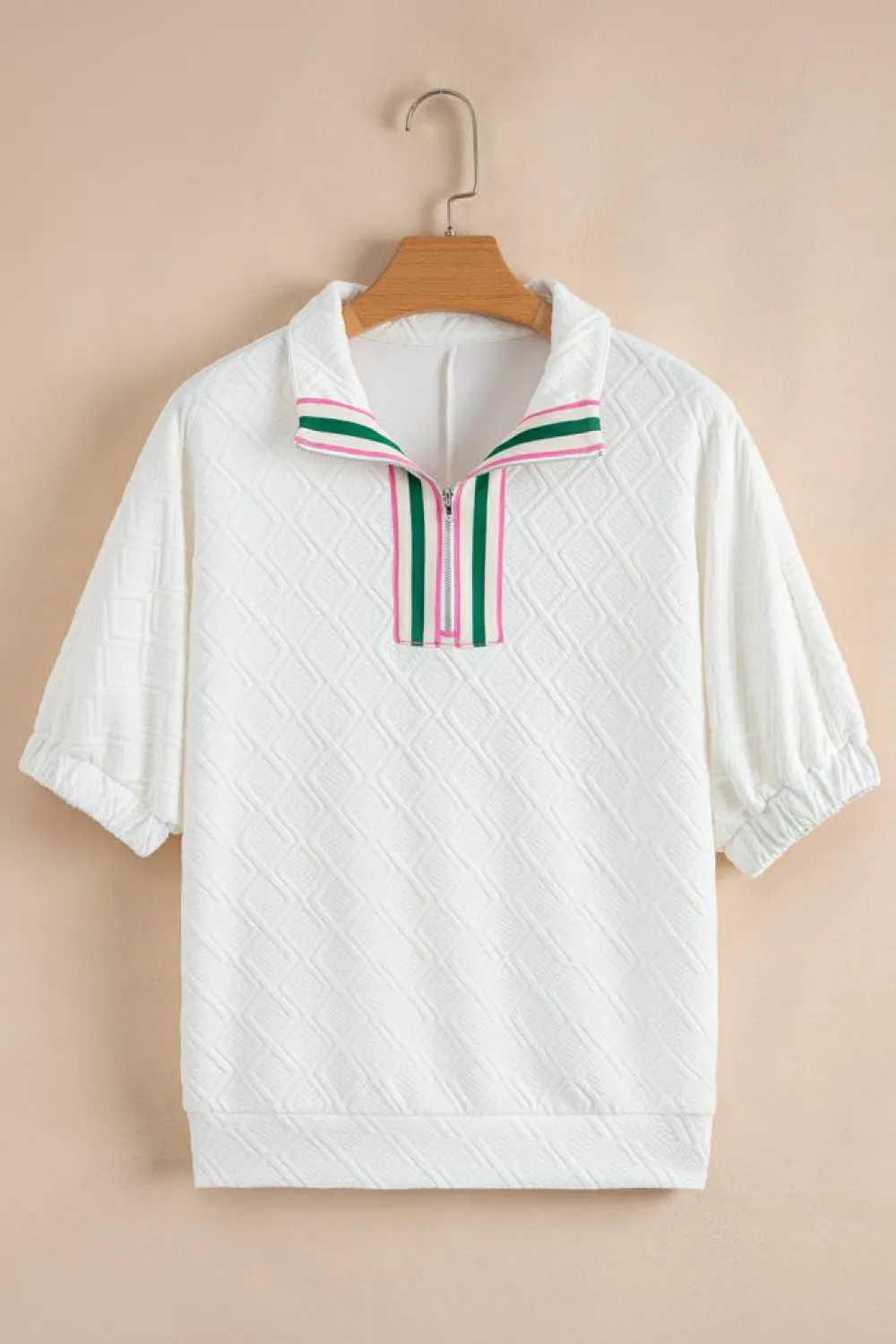 Discount Dear-Lover Contrast Striped Collar Patchwork Textured Half Sleeve Blouse White