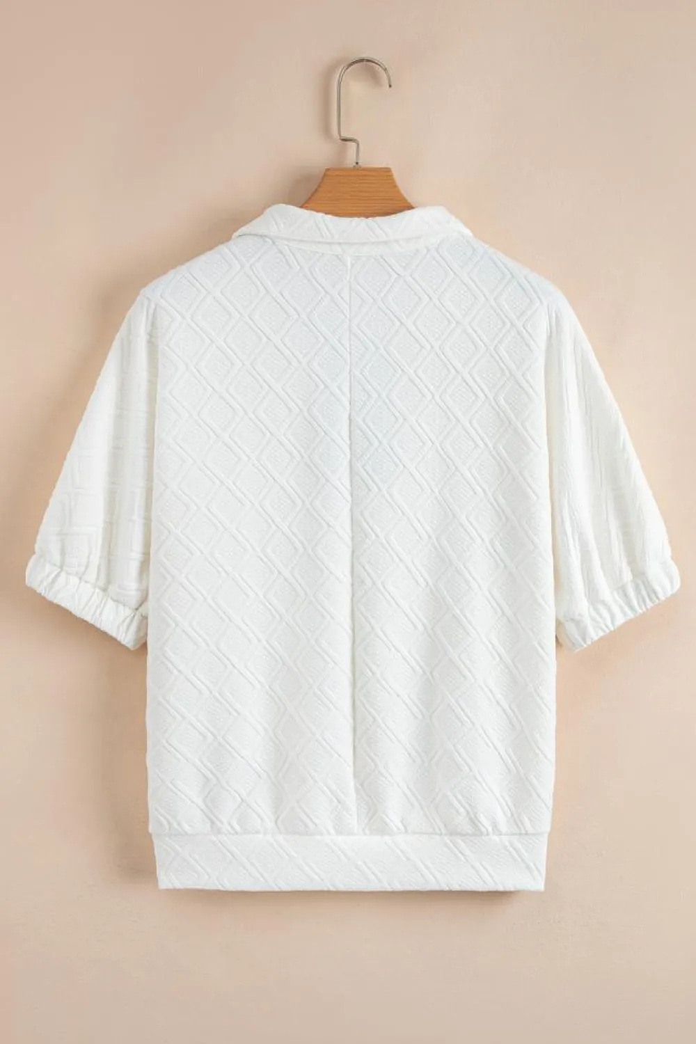 Discount Dear-Lover Contrast Striped Collar Patchwork Textured Half Sleeve Blouse White