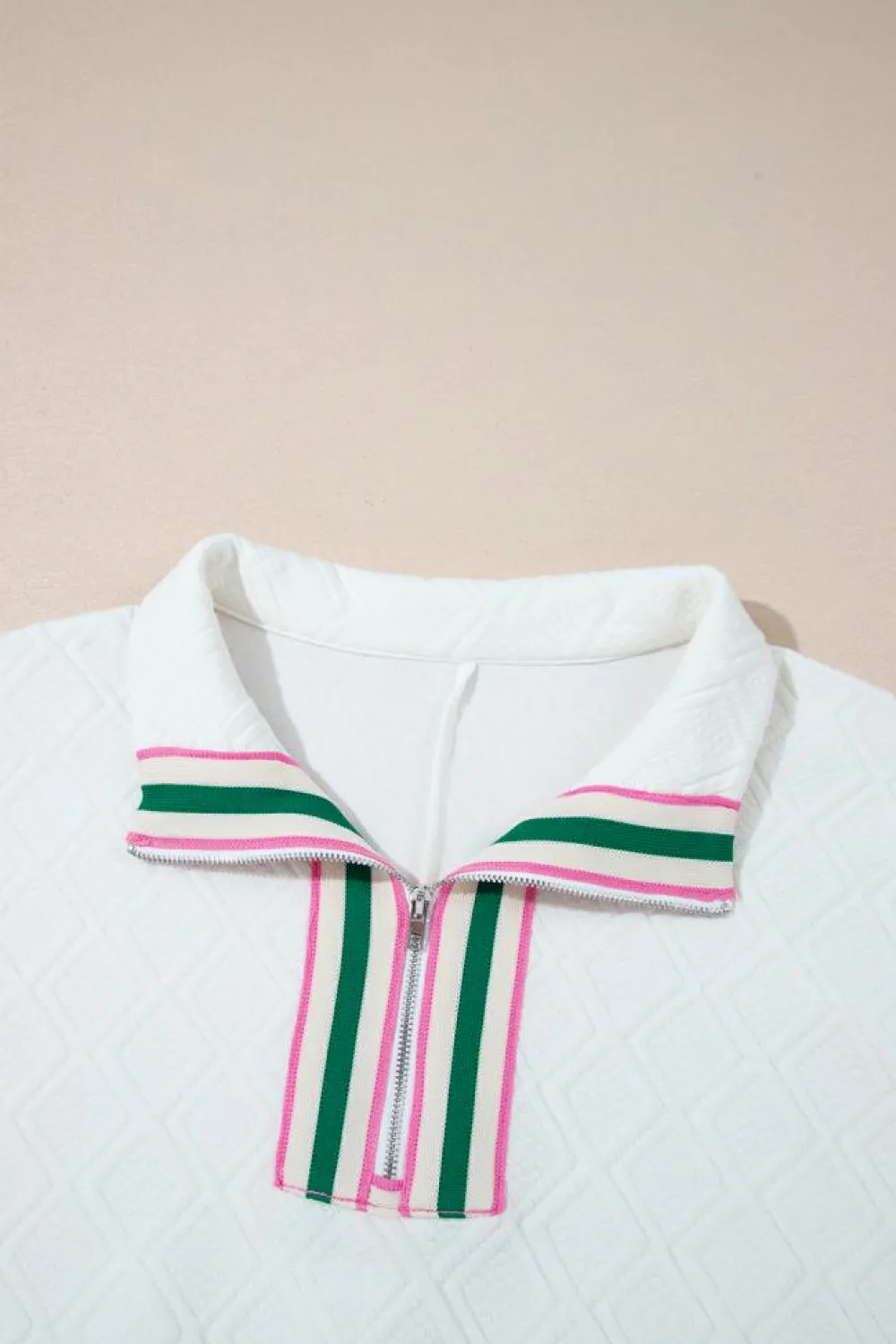 Discount Dear-Lover Contrast Striped Collar Patchwork Textured Half Sleeve Blouse White