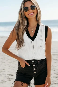 Sale Dear-Lover Contrast Trim Eyelet Knit Colorblock V Neck Sweater Vest White