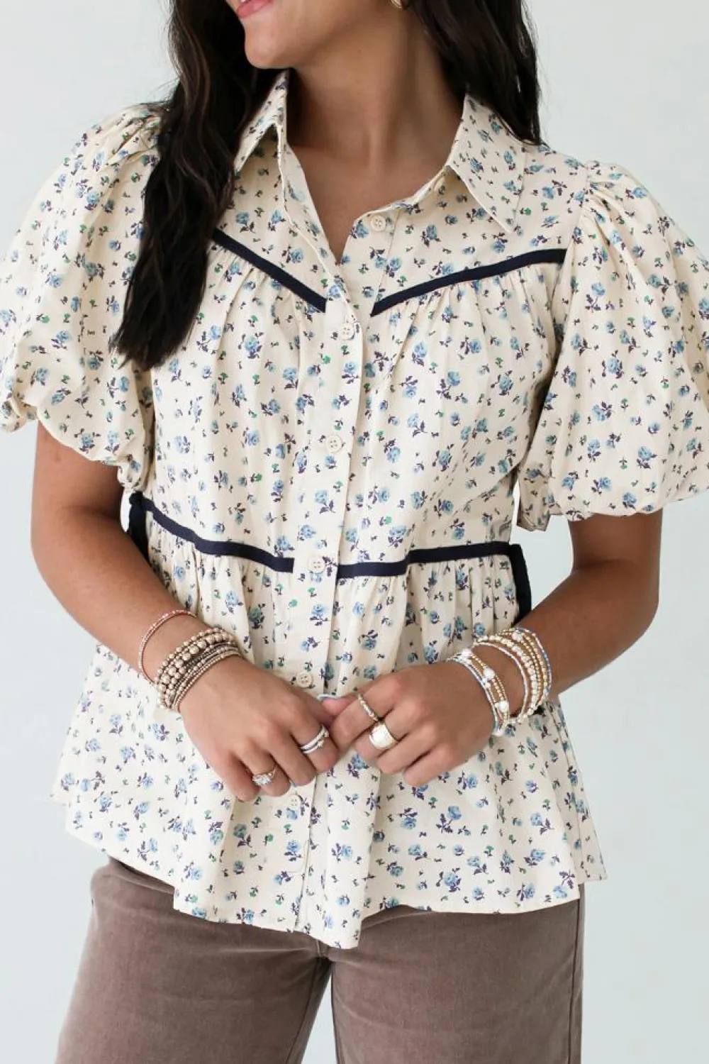 Clearance Dear-Lover Contrast Trim Floral Puff Short Sleeve Shirt White