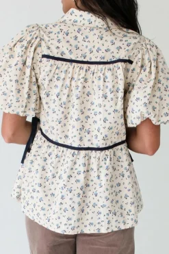 Clearance Dear-Lover Contrast Trim Floral Puff Short Sleeve Shirt White