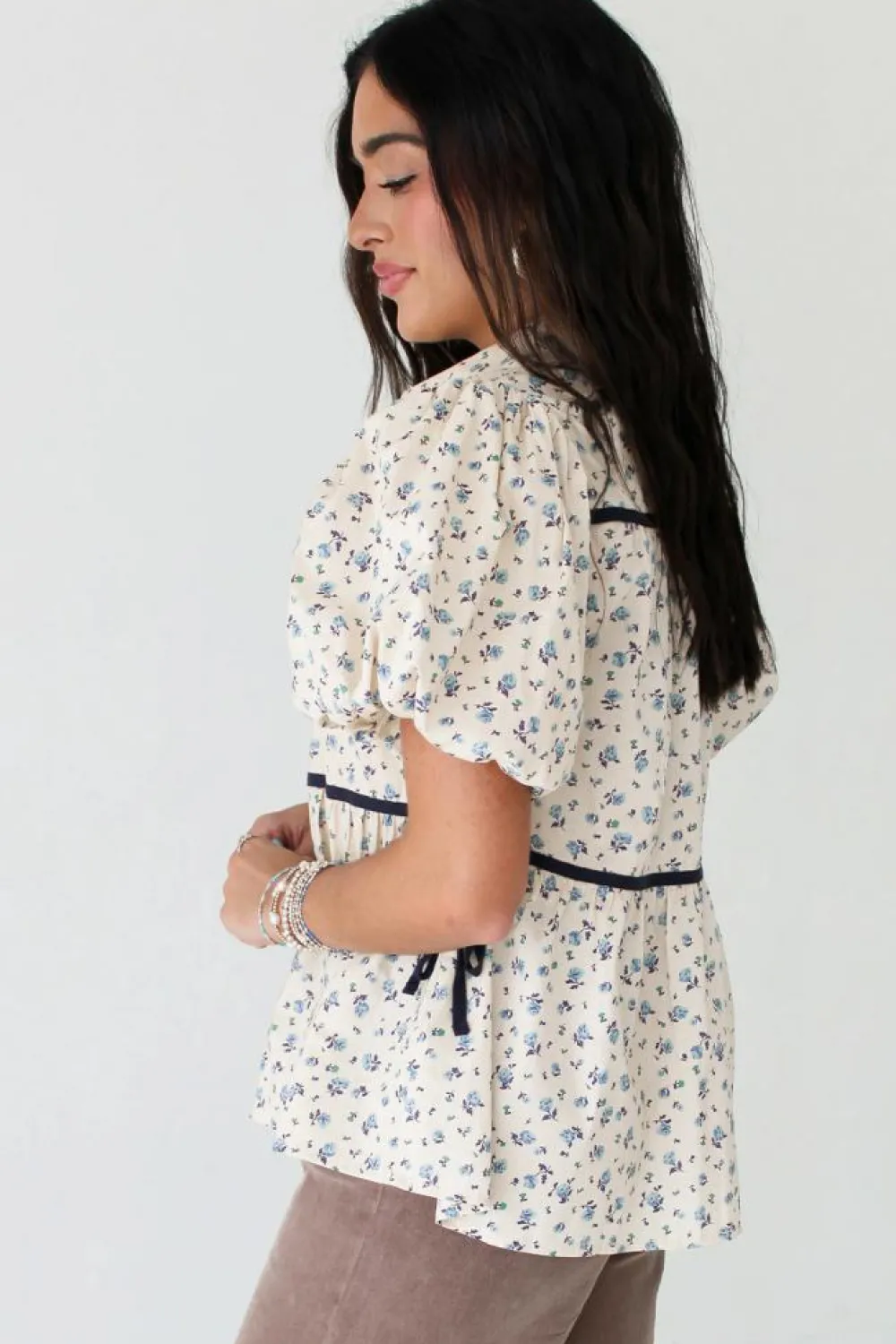 Clearance Dear-Lover Contrast Trim Floral Puff Short Sleeve Shirt White