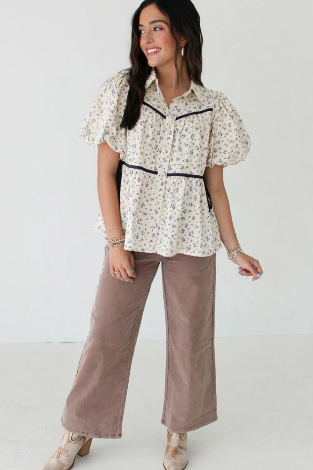 Clearance Dear-Lover Contrast Trim Floral Puff Short Sleeve Shirt White