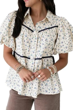 Clearance Dear-Lover Contrast Trim Floral Puff Short Sleeve Shirt White
