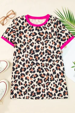 Discount Dear-Lover Contrast Trim Leopard Print T Shirt White