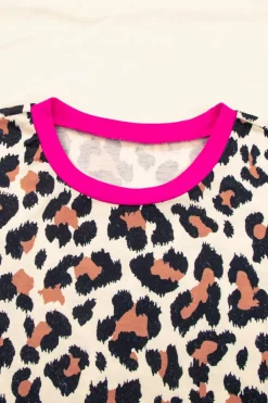 Discount Dear-Lover Contrast Trim Leopard Print T Shirt White