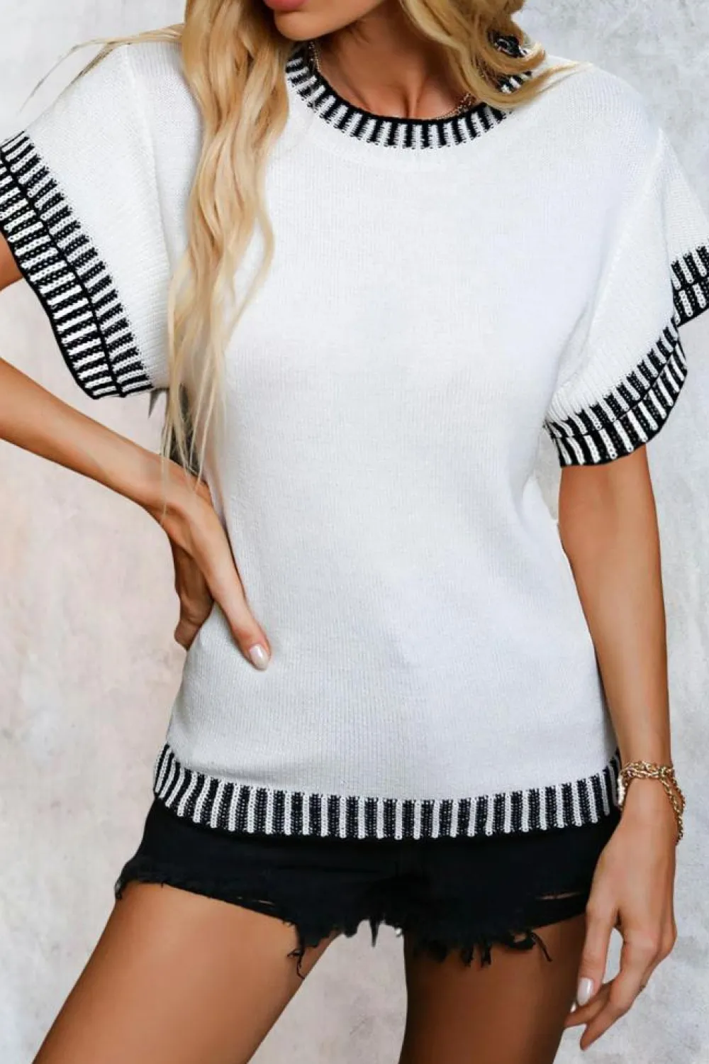 Online Dear-Lover Contrast Trim Round Neck Batwing Sleeve Knitted Top White