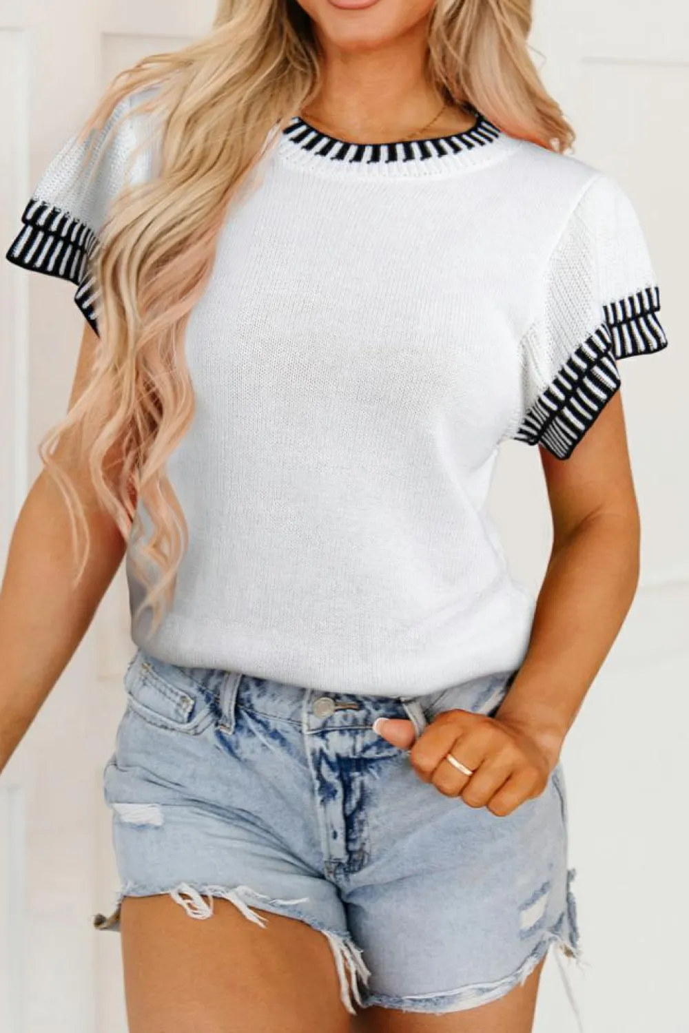 Online Dear-Lover Contrast Trim Round Neck Batwing Sleeve Knitted Top White