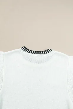 Online Dear-Lover Contrast Trim Round Neck Batwing Sleeve Knitted Top White
