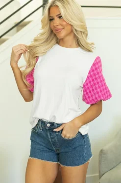 Best Dear-Lover Contrast Tweed Puff Sleeve Top White
