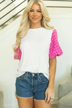 Best Dear-Lover Contrast Tweed Puff Sleeve Top White