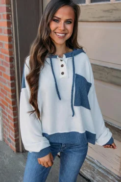 Hot Dear-Lover Corded Colorblock Patch Pocket Drawstring Hooded Top White