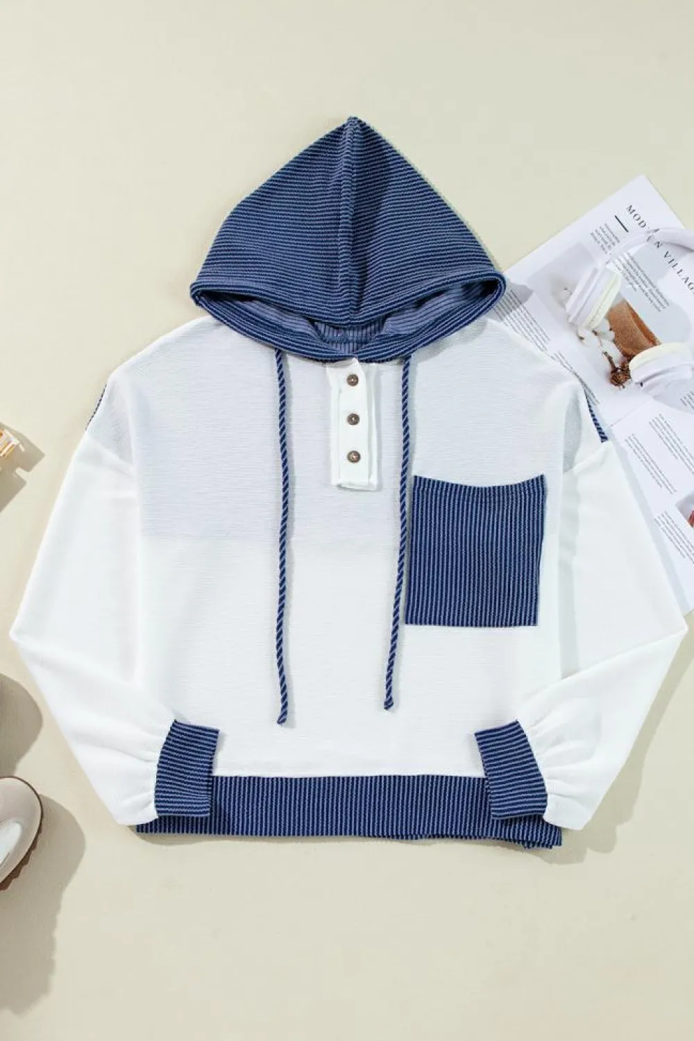 Hot Dear-Lover Corded Colorblock Patch Pocket Drawstring Hooded Top White