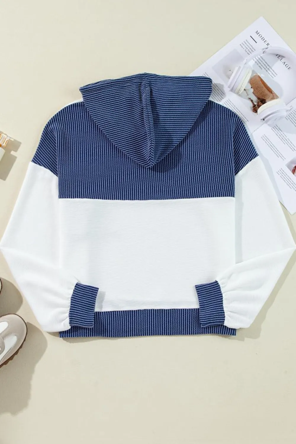 Hot Dear-Lover Corded Colorblock Patch Pocket Drawstring Hooded Top White