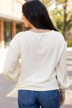 Best Dear-Lover Corded Exposed Seam Knit Patchwork Drop Sleeve Top White