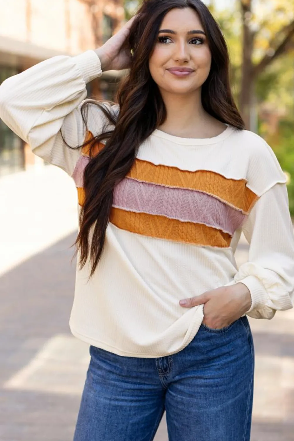 Best Dear-Lover Corded Exposed Seam Knit Patchwork Drop Sleeve Top White
