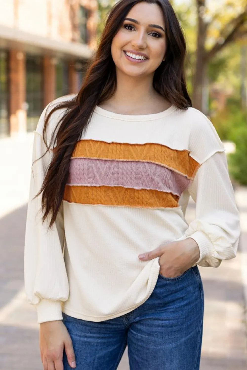 Best Dear-Lover Corded Exposed Seam Knit Patchwork Drop Sleeve Top White