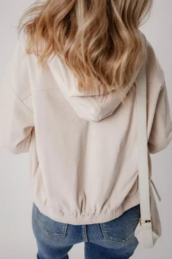 Hot Dear-Lover Corduroy Drawstring Hooded Pocket Zip Up Jacket White