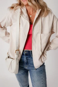 Hot Dear-Lover Corduroy Drawstring Hooded Pocket Zip Up Jacket White
