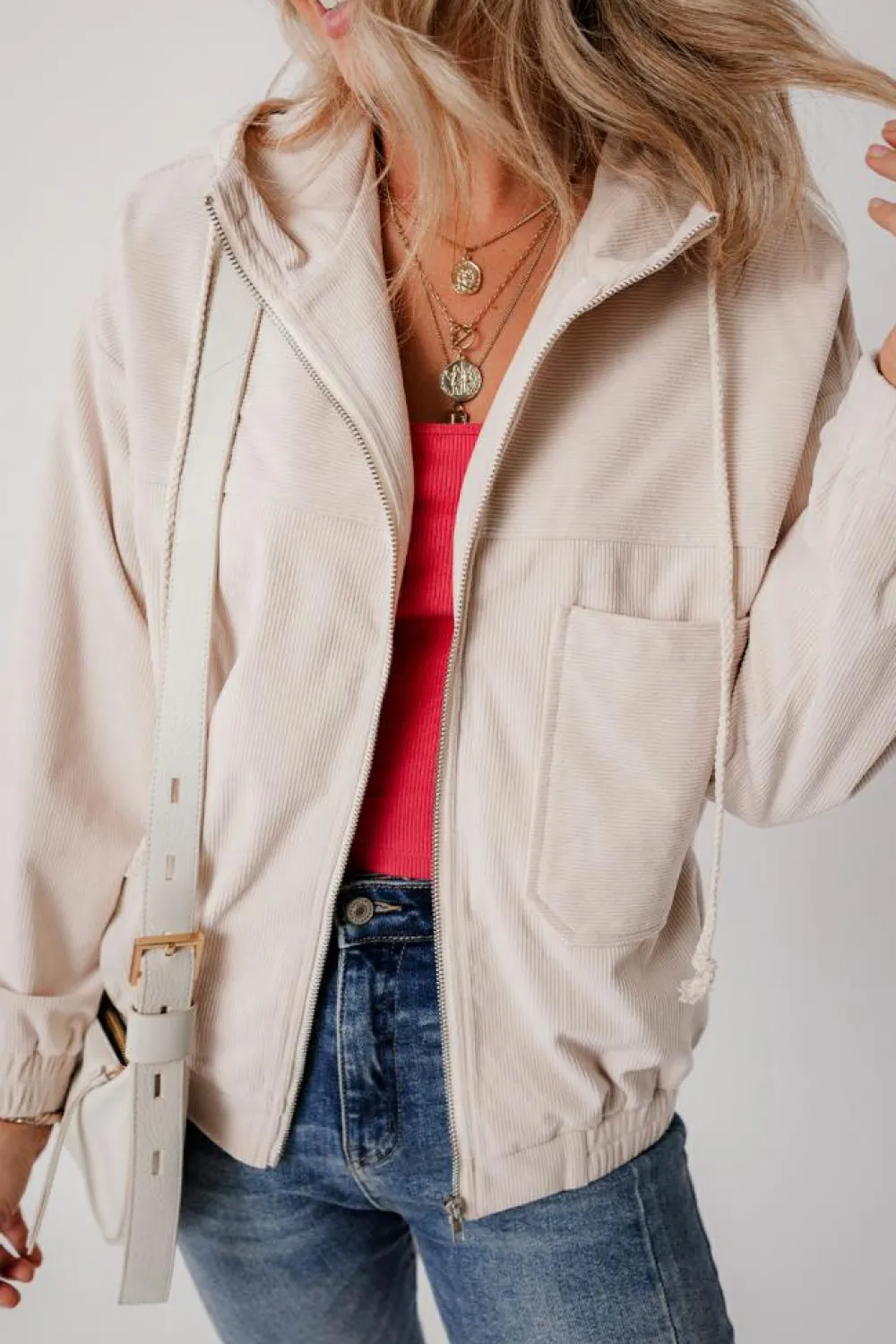 Hot Dear-Lover Corduroy Drawstring Hooded Pocket Zip Up Jacket White