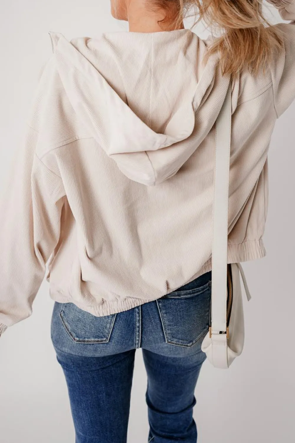Hot Dear-Lover Corduroy Drawstring Hooded Pocket Zip Up Jacket White