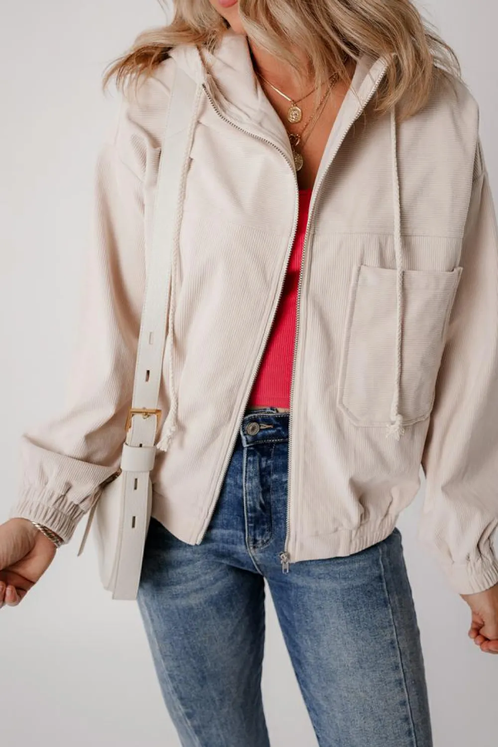 Hot Dear-Lover Corduroy Drawstring Hooded Pocket Zip Up Jacket White
